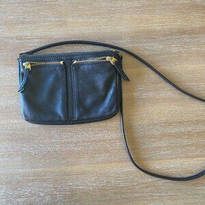 Fossil Black Leather Crossbody Purse Gold Zippers Black